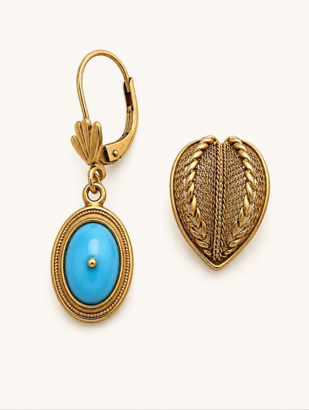 Mismatched Filigree Blue Cabochon Drop Earrings